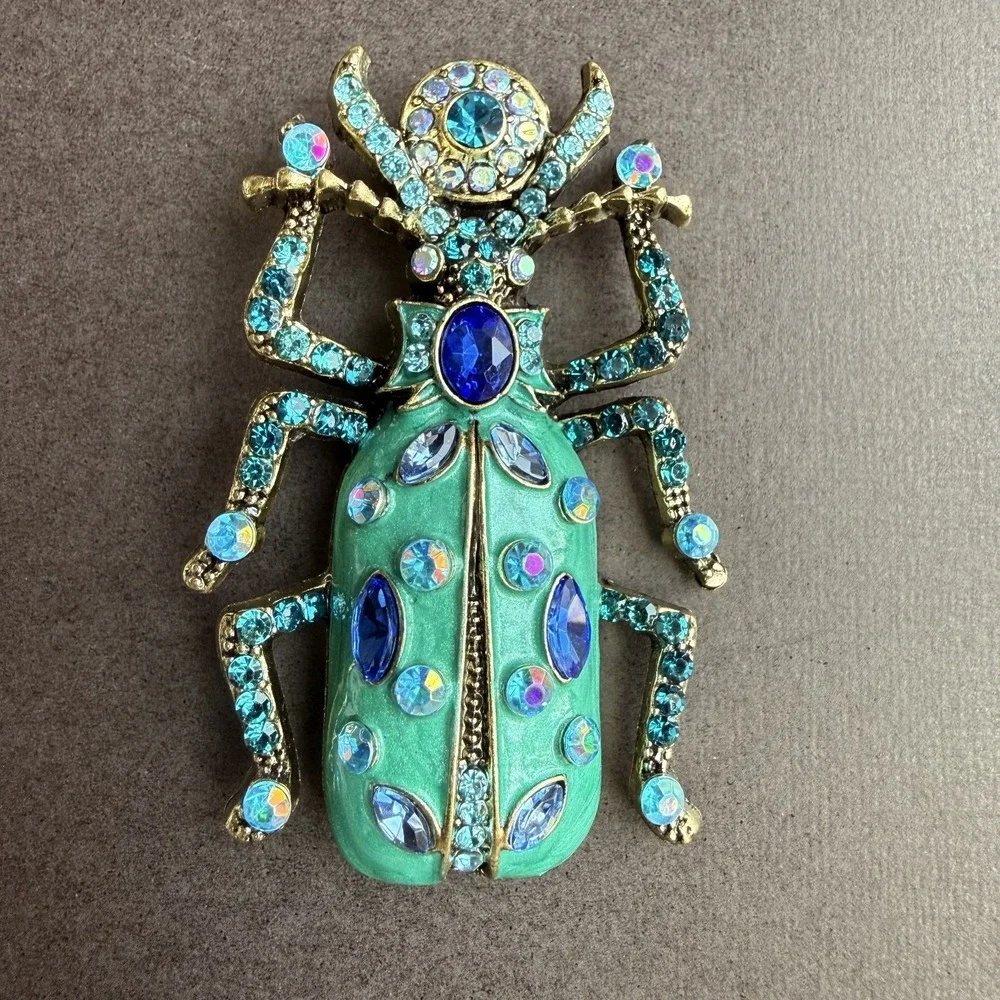 Beetle Brooch Teal Green Enamel Blue Rhinestone Crystal Gold Tone Insect Pin